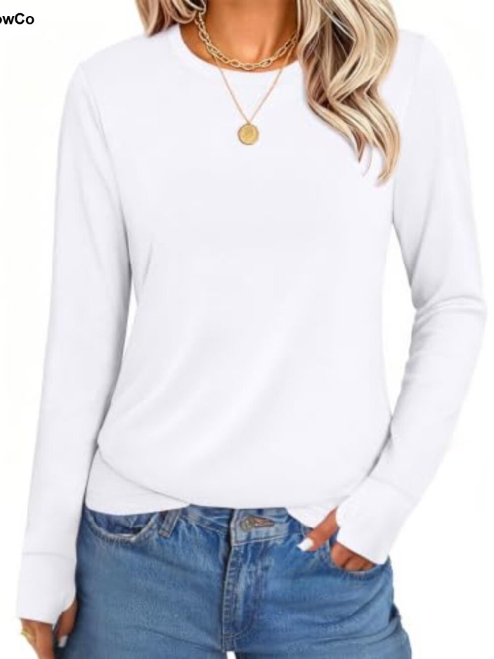 Cotton Long Sleeve Tee with Thumb Holes Crew Neck Soft Basic T-Shirt